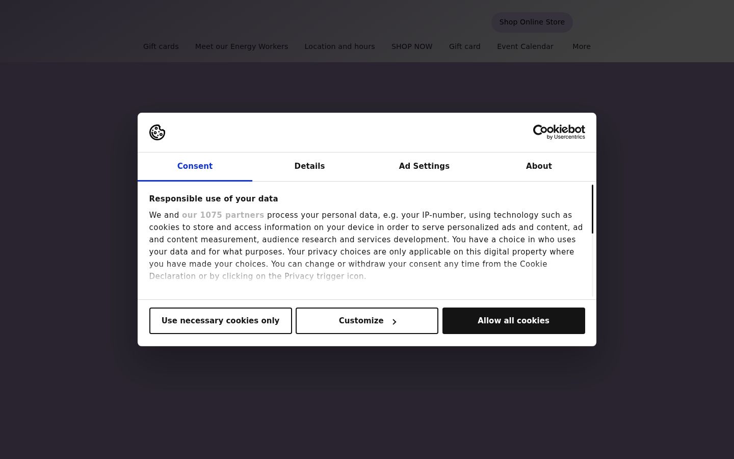 Captura de ecrã do banner de consentimento apresentado antes de qualquer interação