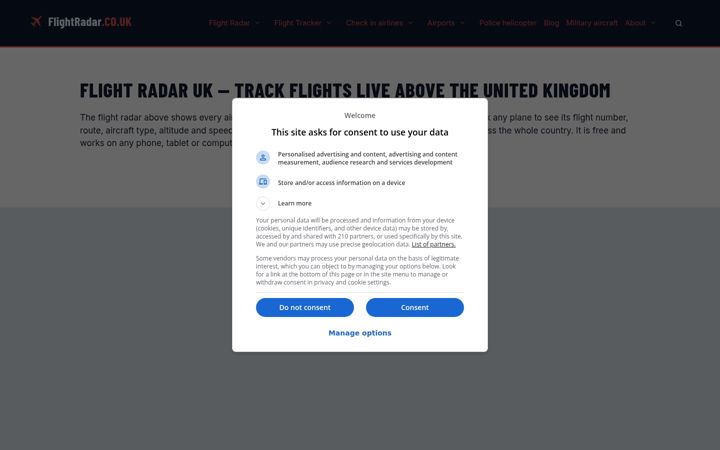 Screenshot of flightradar.co.uk