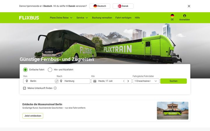 Captură de ecran a flixbus.de