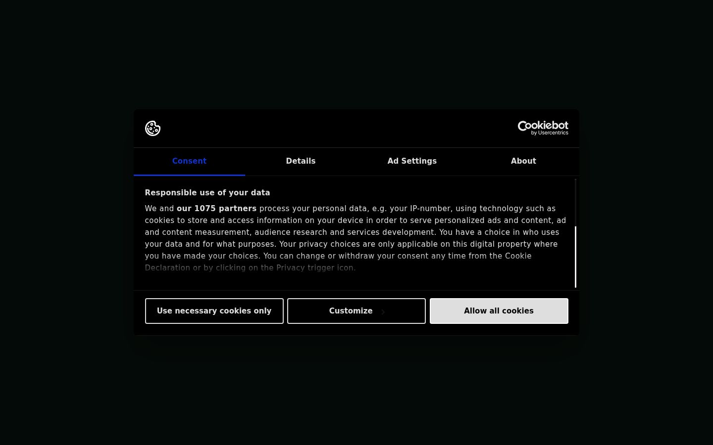 Screenshot del banner di consenso mostrato prima di qualsiasi interazione
