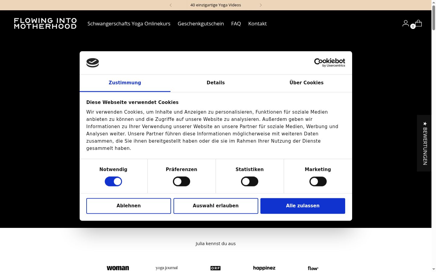Captura de ecrã do banner de consentimento apresentado antes de qualquer interação