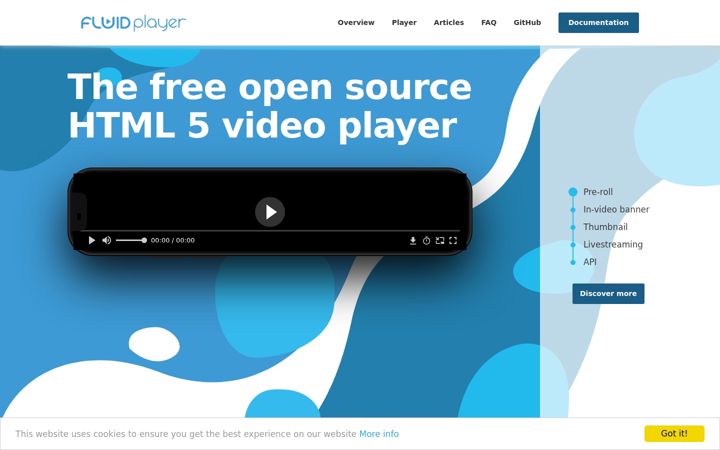 Skjámynd af fluidplayer.com