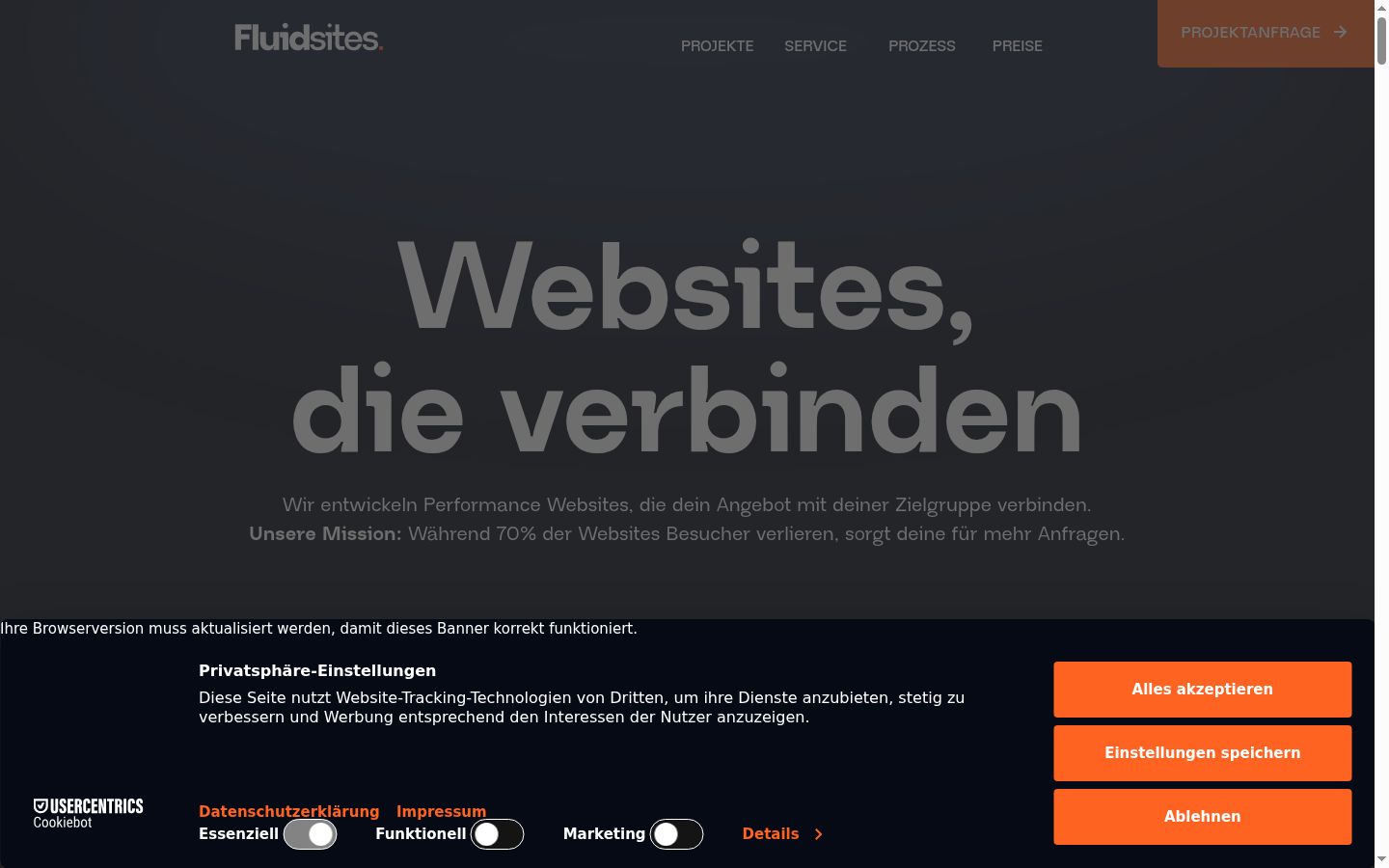 Screenshot des Einwilligungsbanners vor jeglicher Interaktion