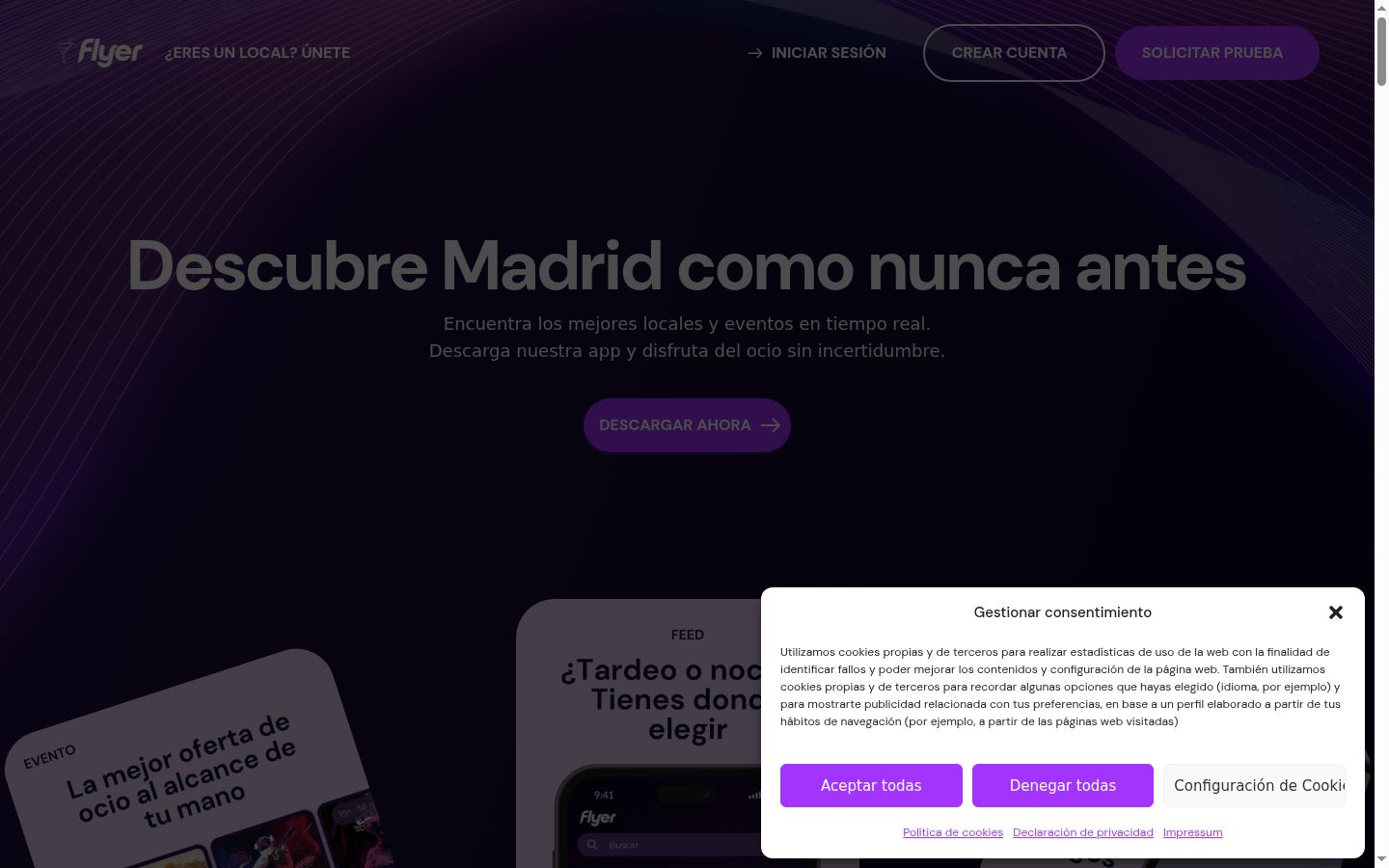 Captura de pantalla del banner de consentimiento mostrado antes de cualquier interacción