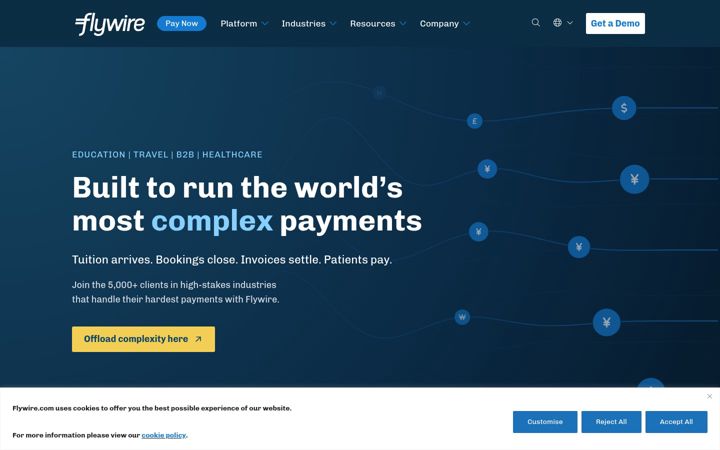 Ekrano kopija flywire.com