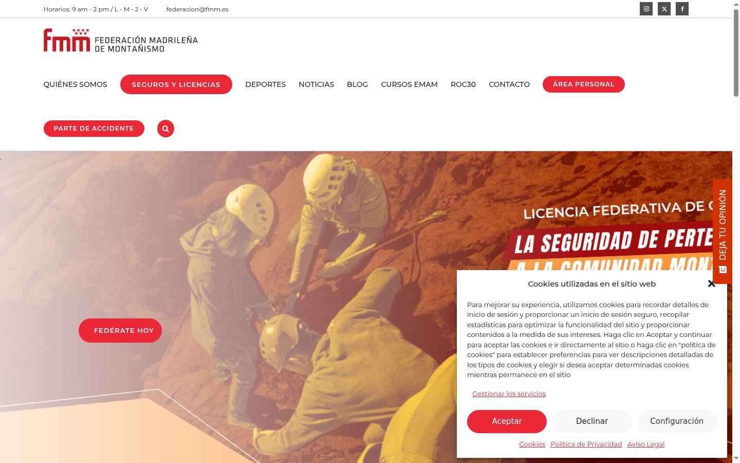 Captura de pantalla del banner de consentimiento mostrado antes de cualquier interacción