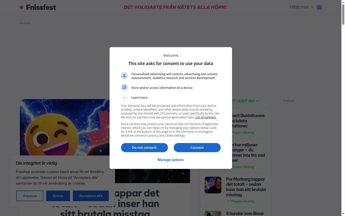 Ekrānuzņēmums ar piekrišanas baneri, kas tika rādīts pirms jebkādas mijiedarbības