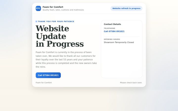 Skærmbillede af foamforcomfort.co.uk