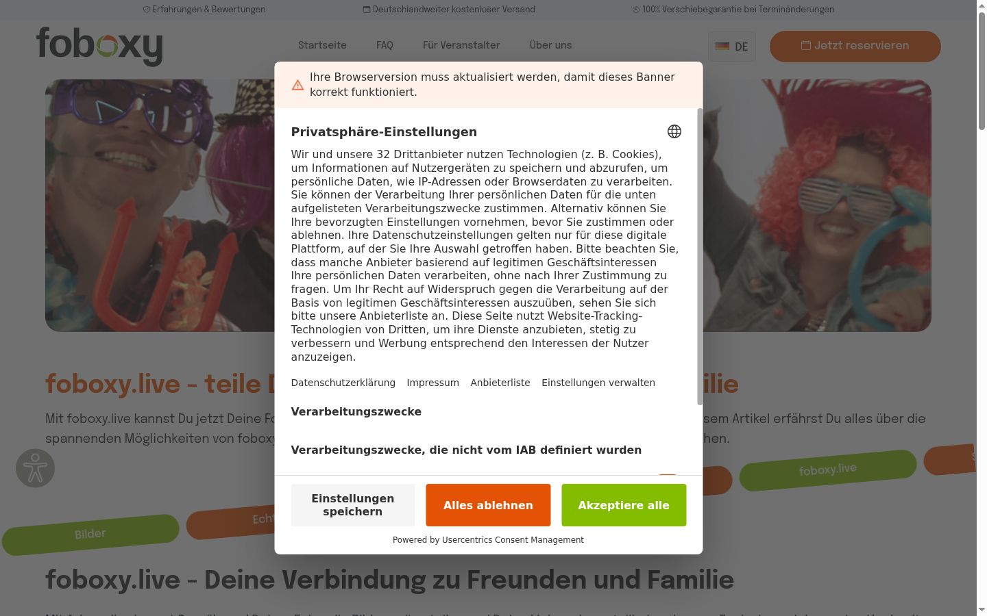 Screenshot del banner di consenso mostrato prima di qualsiasi interazione