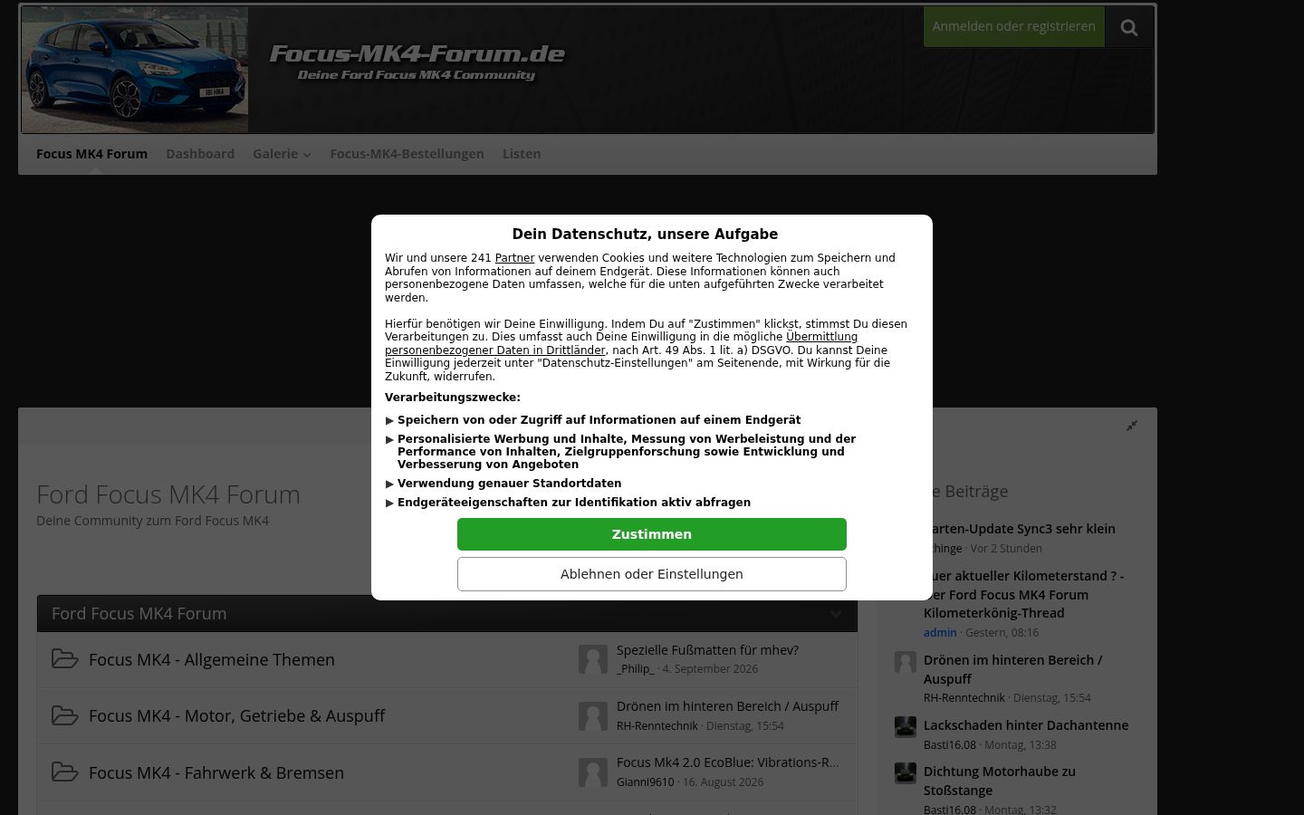 Screenshot des Einwilligungsbanners vor jeglicher Interaktion