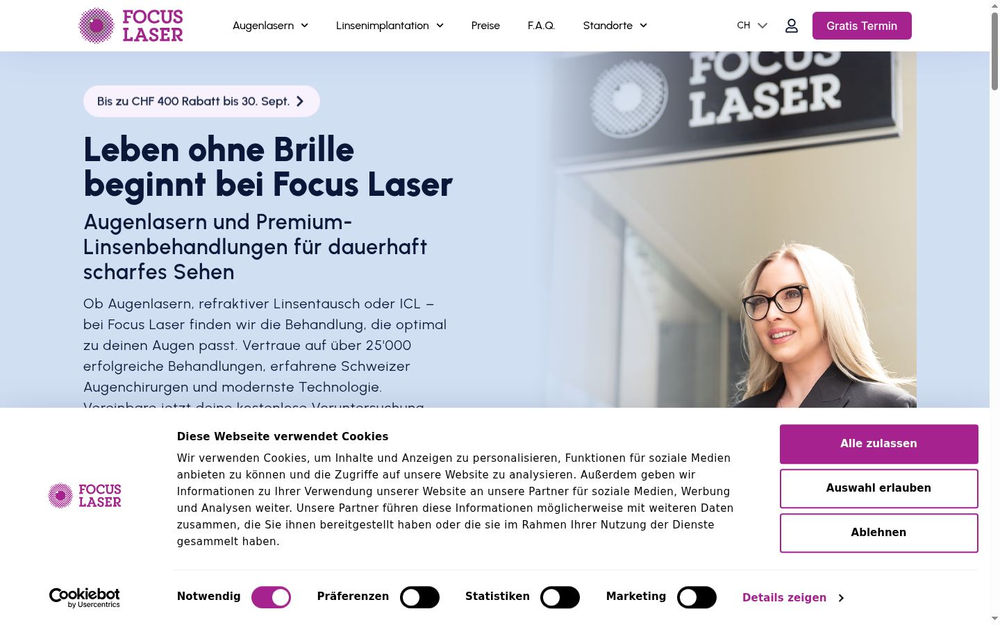 Screenshot des Einwilligungsbanners vor jeglicher Interaktion