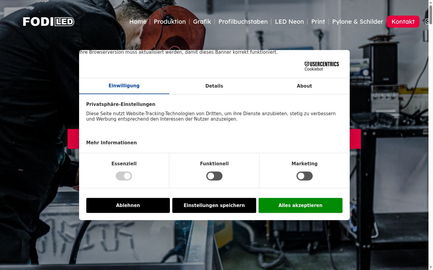 Screenshot des Einwilligungsbanners vor jeglicher Interaktion