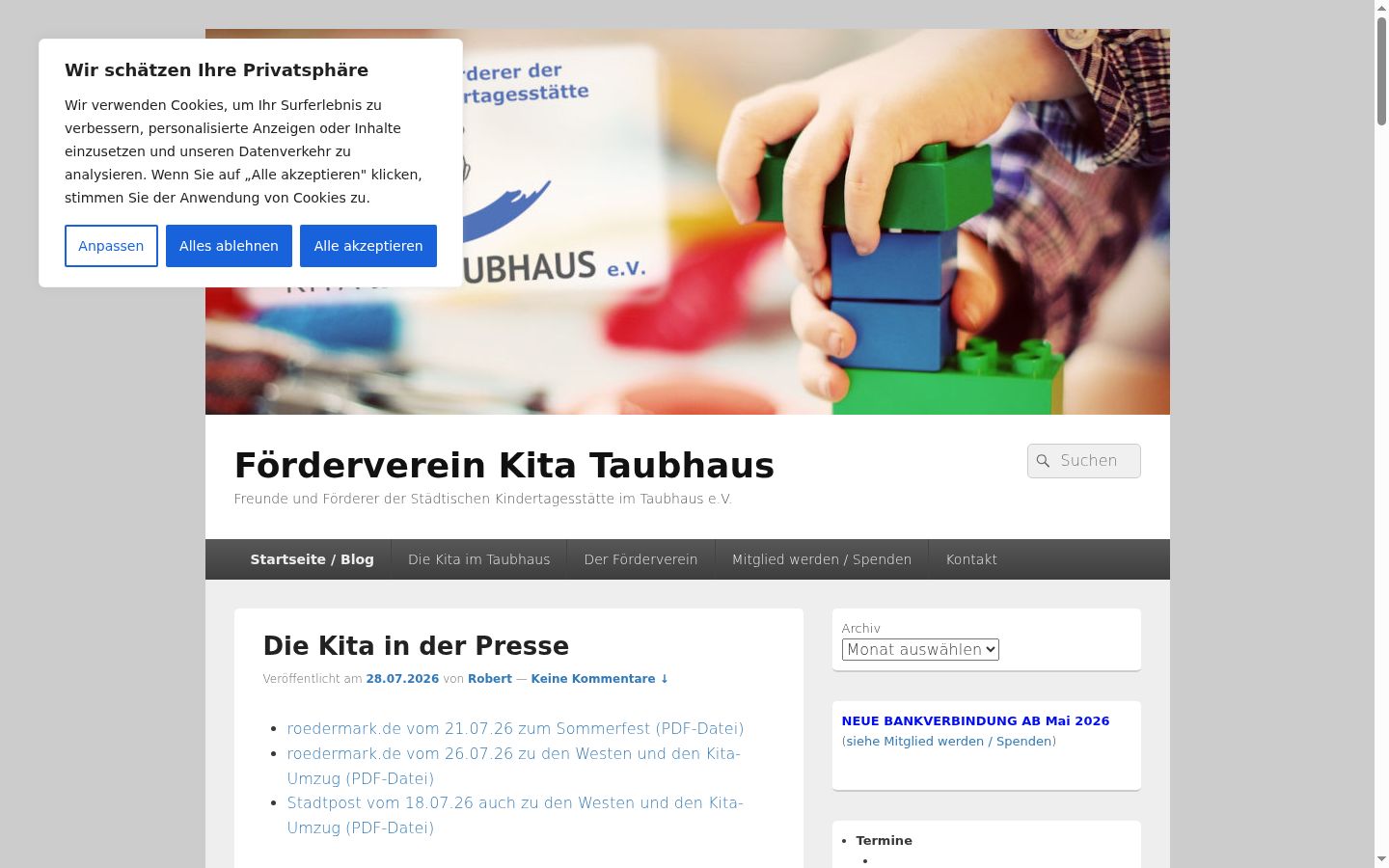 Screenshot des Einwilligungsbanners vor jeglicher Interaktion