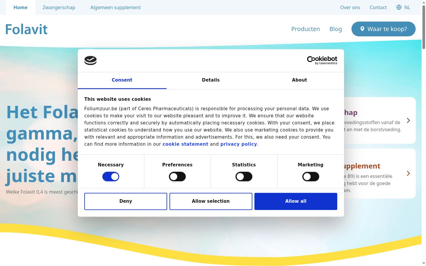 Captura de ecrã do banner de consentimento apresentado antes de qualquer interação