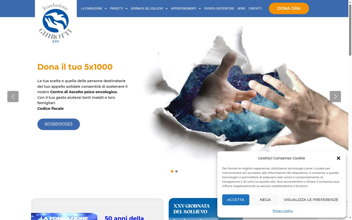 Screenshot del banner di consenso mostrato prima di qualsiasi interazione