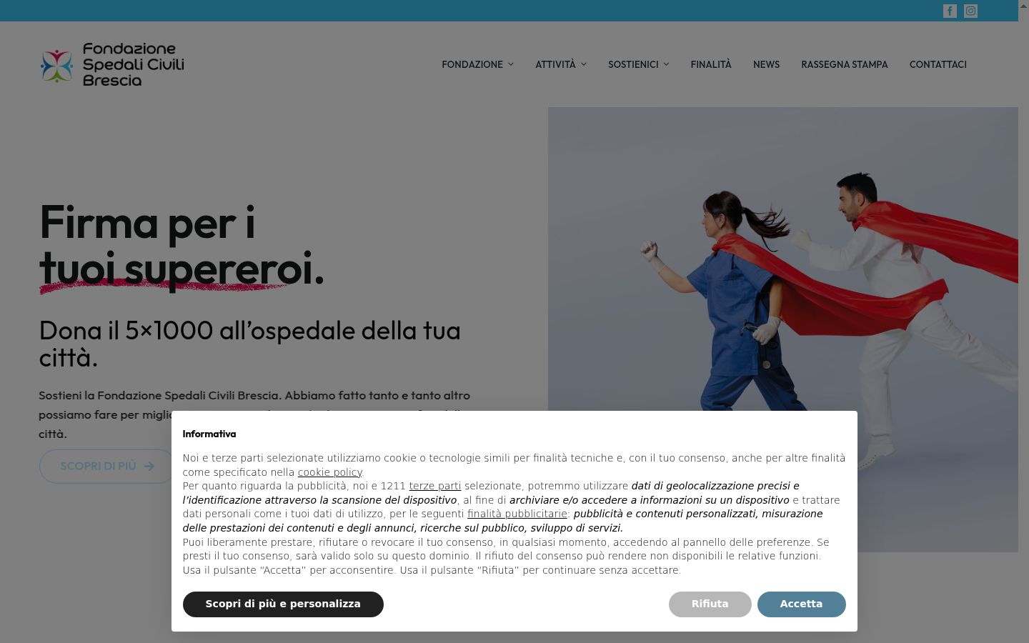 Screenshot del banner di consenso mostrato prima di qualsiasi interazione