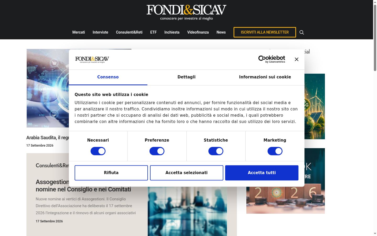 Screenshot del banner di consenso mostrato prima di qualsiasi interazione