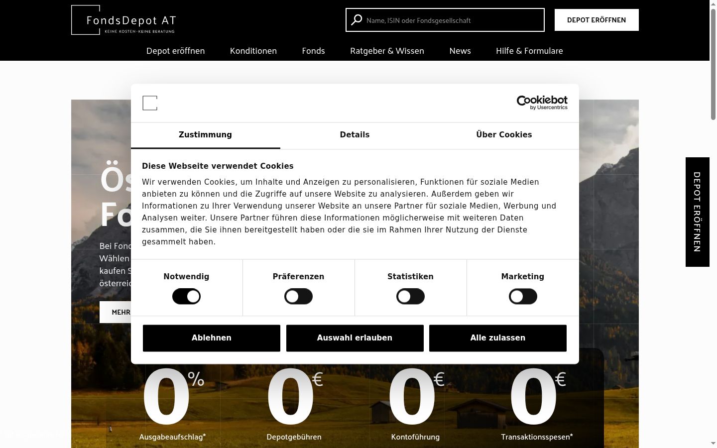 Screenshot des Einwilligungsbanners vor jeglicher Interaktion