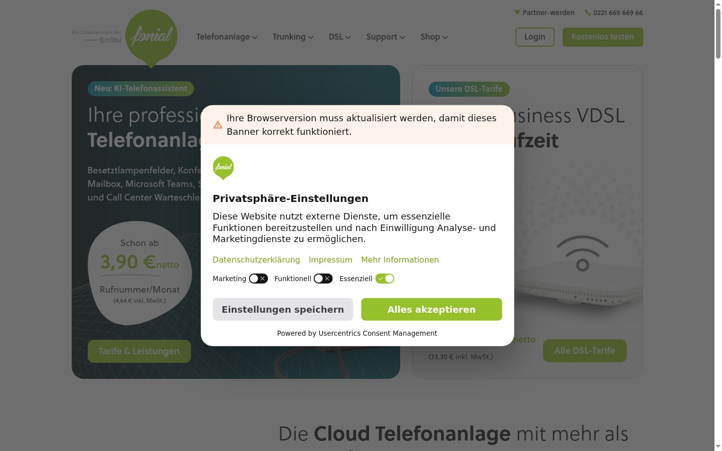 Screenshot des Einwilligungsbanners vor jeglicher Interaktion