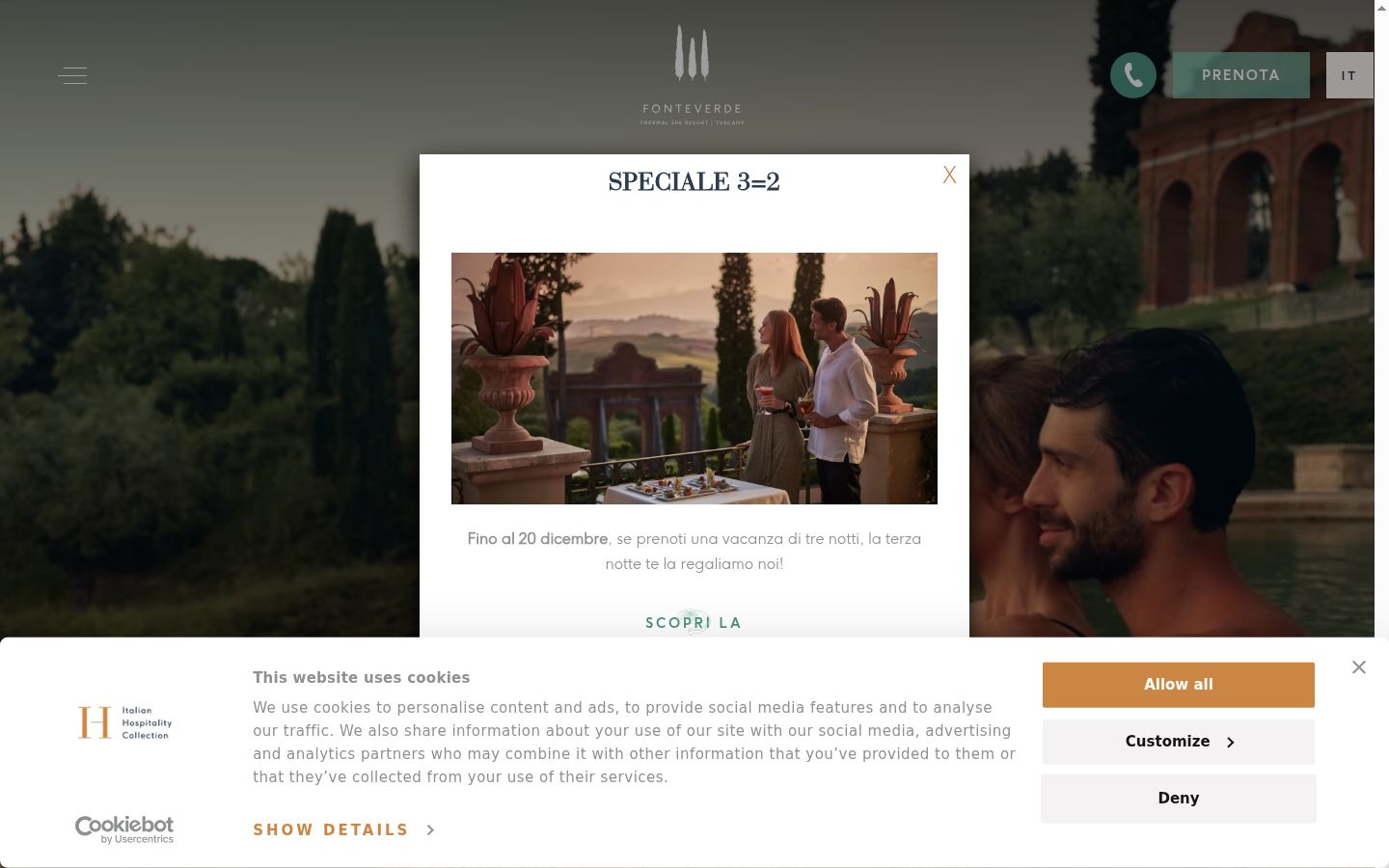 Screenshot del banner di consenso mostrato prima di qualsiasi interazione