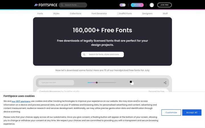 Kuvakaappaus sivustosta fontspace.com