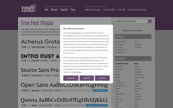 Screenshot of fontsquirrel.com