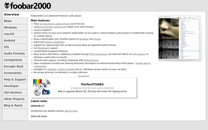 Posnetek zaslona foobar2000.org