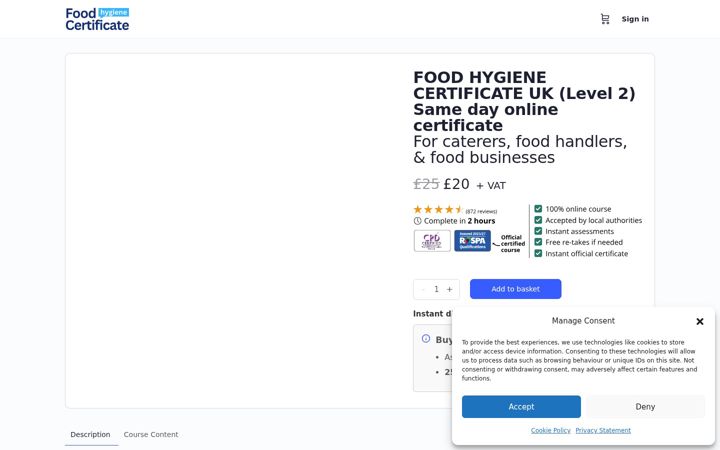 Captura de ecrã de food-certificate.org.uk