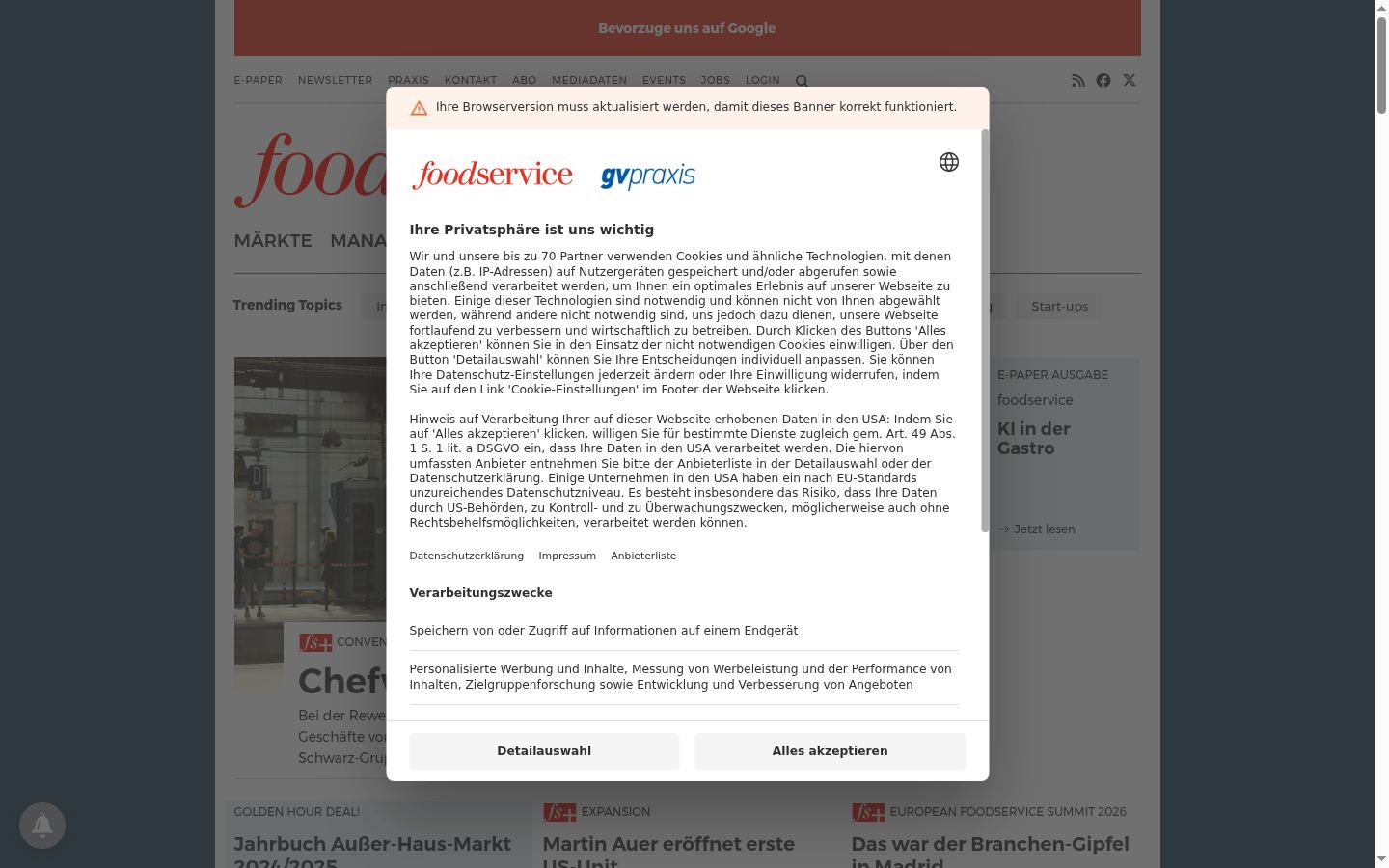 Captura de ecrã do banner de consentimento apresentado antes de qualquer interação