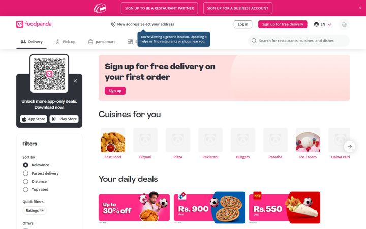 Screenshot ta' foodpanda.pk