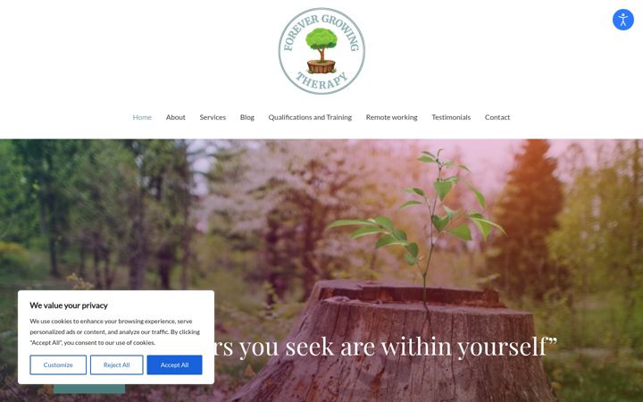 Snímek obrazovky forevergrowingtherapy.co.uk