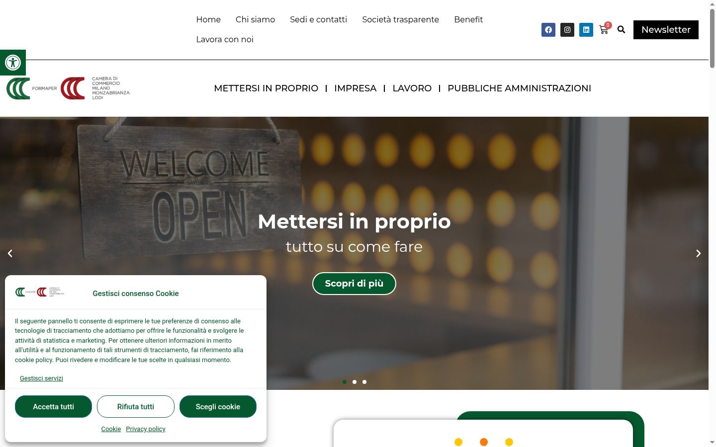 Screenshot del banner di consenso mostrato prima di qualsiasi interazione