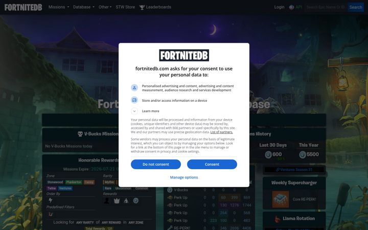 Screenshot of fortnitedb.com