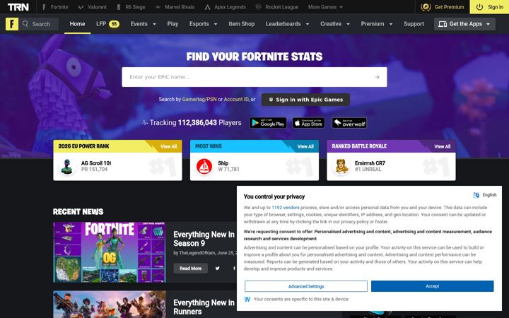 Ekrano kopija fortnitetracker.com