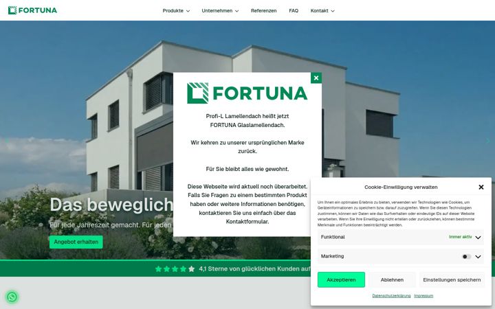 Kuvakaappaus sivustosta fortuna-lamellendach.de
