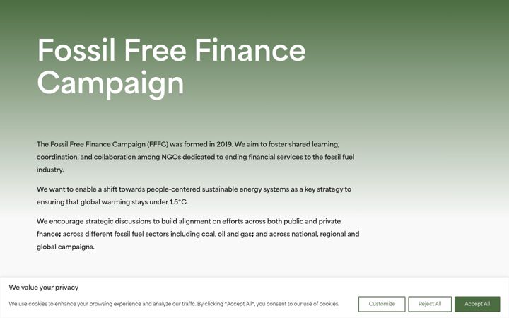 Screenshot of fossilfreefinance.org
