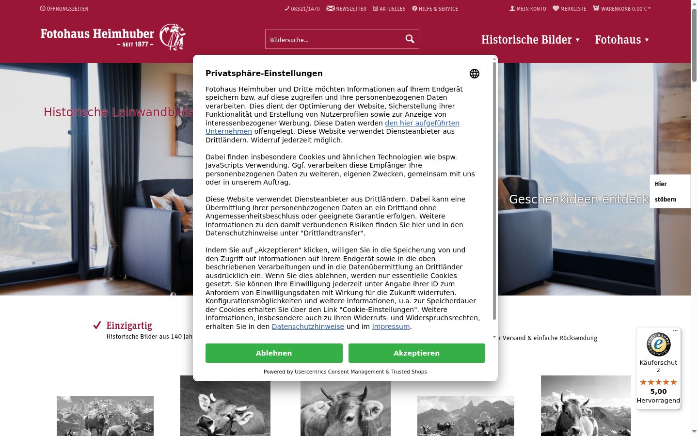 Screenshot des Einwilligungsbanners vor jeglicher Interaktion