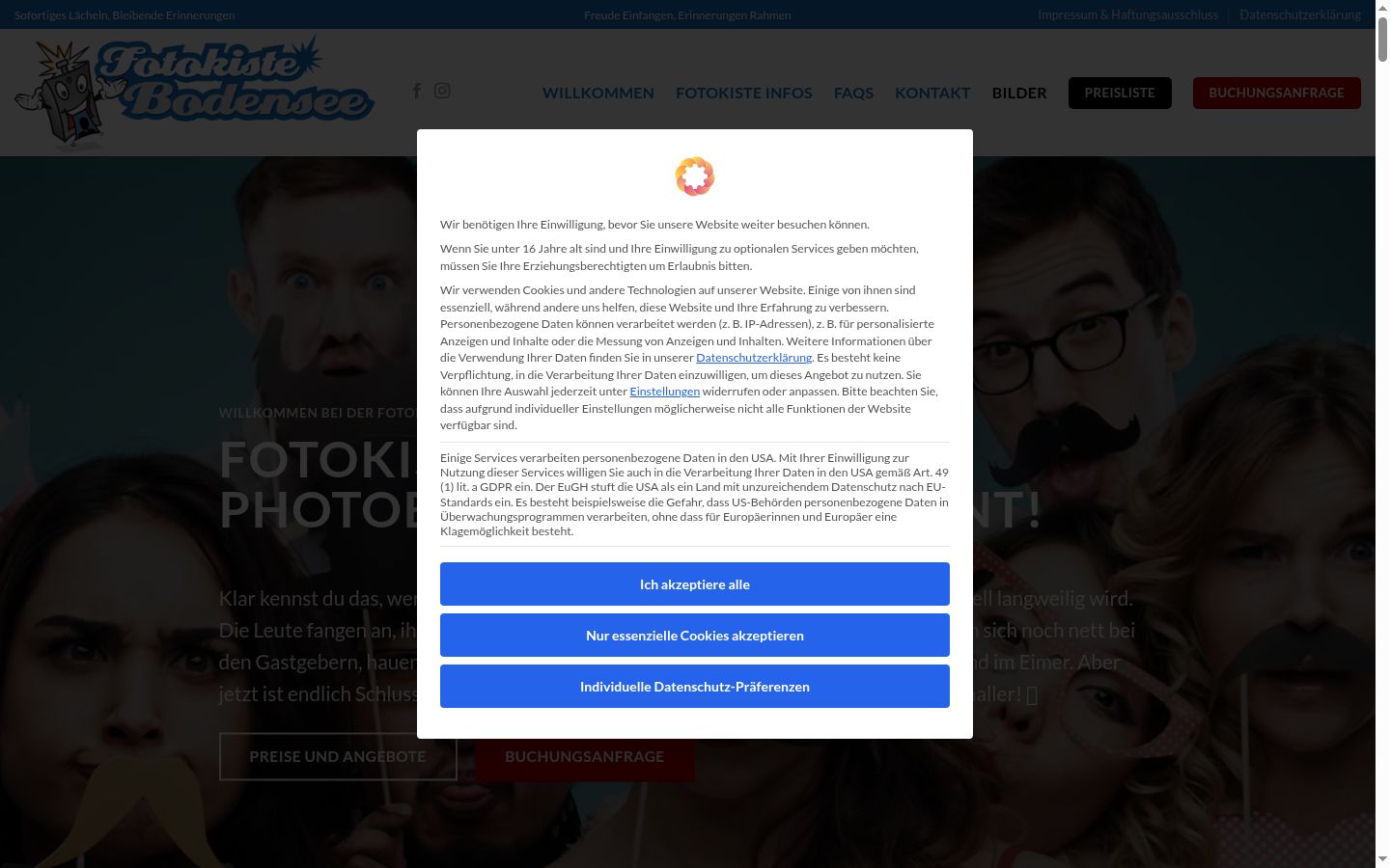 Captura de ecrã do banner de consentimento apresentado antes de qualquer interação