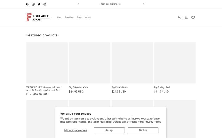 Screenshot of foulablestore.com
