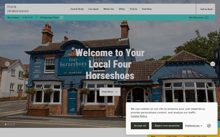 Screenshot of fourhorseshoescamberley.co.uk