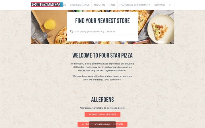 Ekraanipilt saidist fourstarpizza.ie