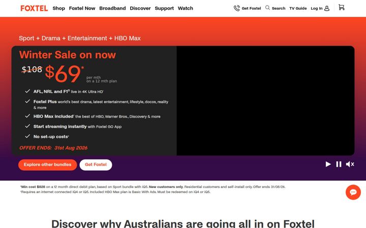Snimka zaslona za foxtel.com.au