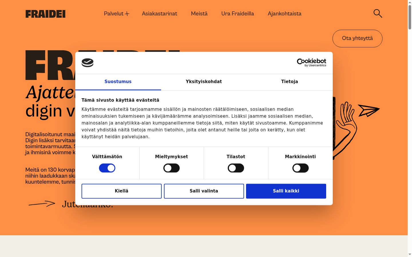 Kuvakaappaus suostumusbannerista, joka näytettiin ennen mitään vuorovaikutusta