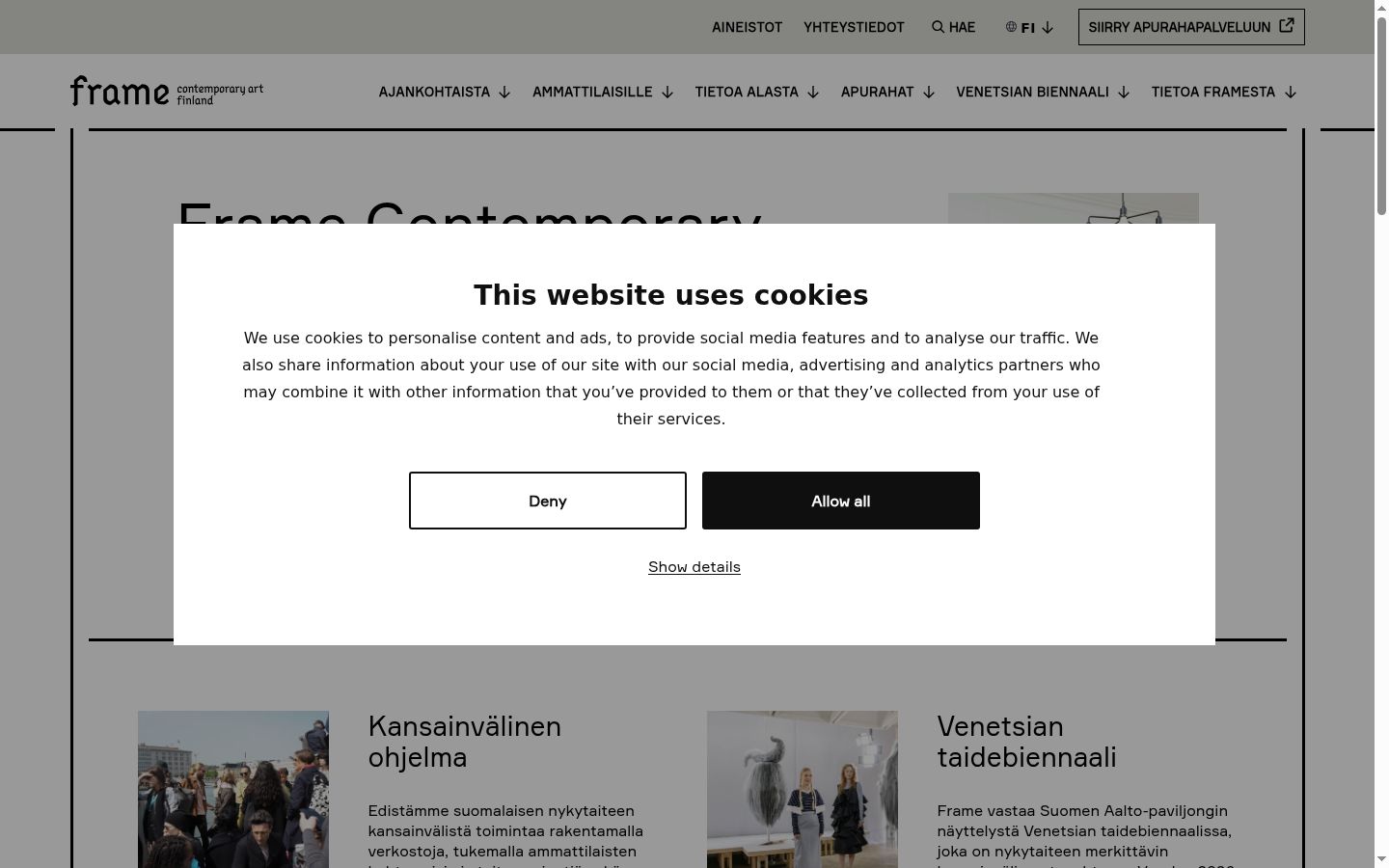 Kuvakaappaus suostumusbannerista, joka näytettiin ennen mitään vuorovaikutusta