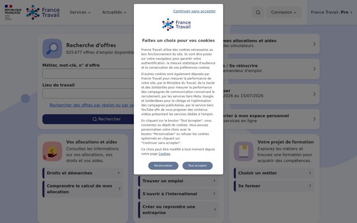 Snímek obrazovky francetravail.fr
