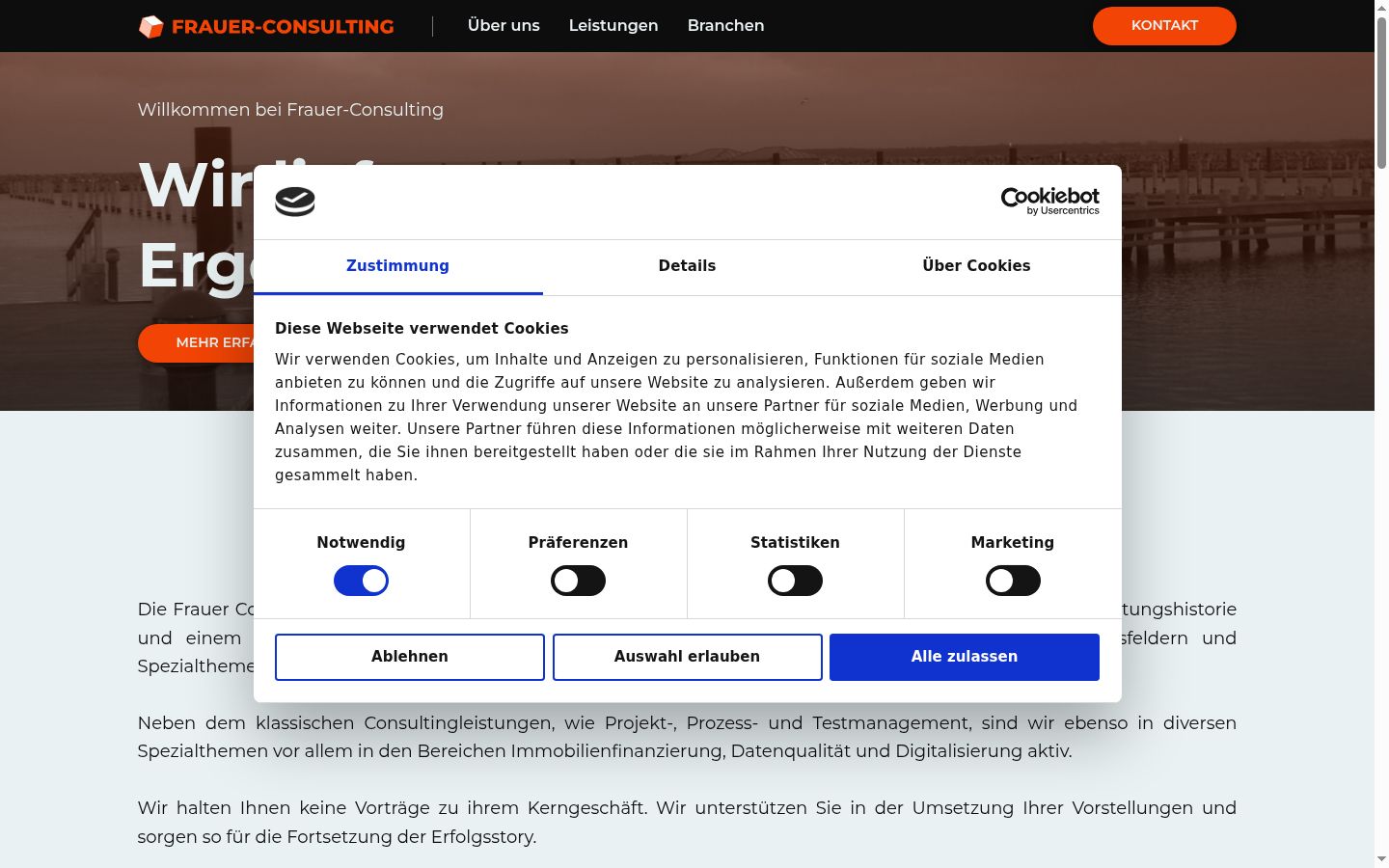 Screenshot des Einwilligungsbanners vor jeglicher Interaktion