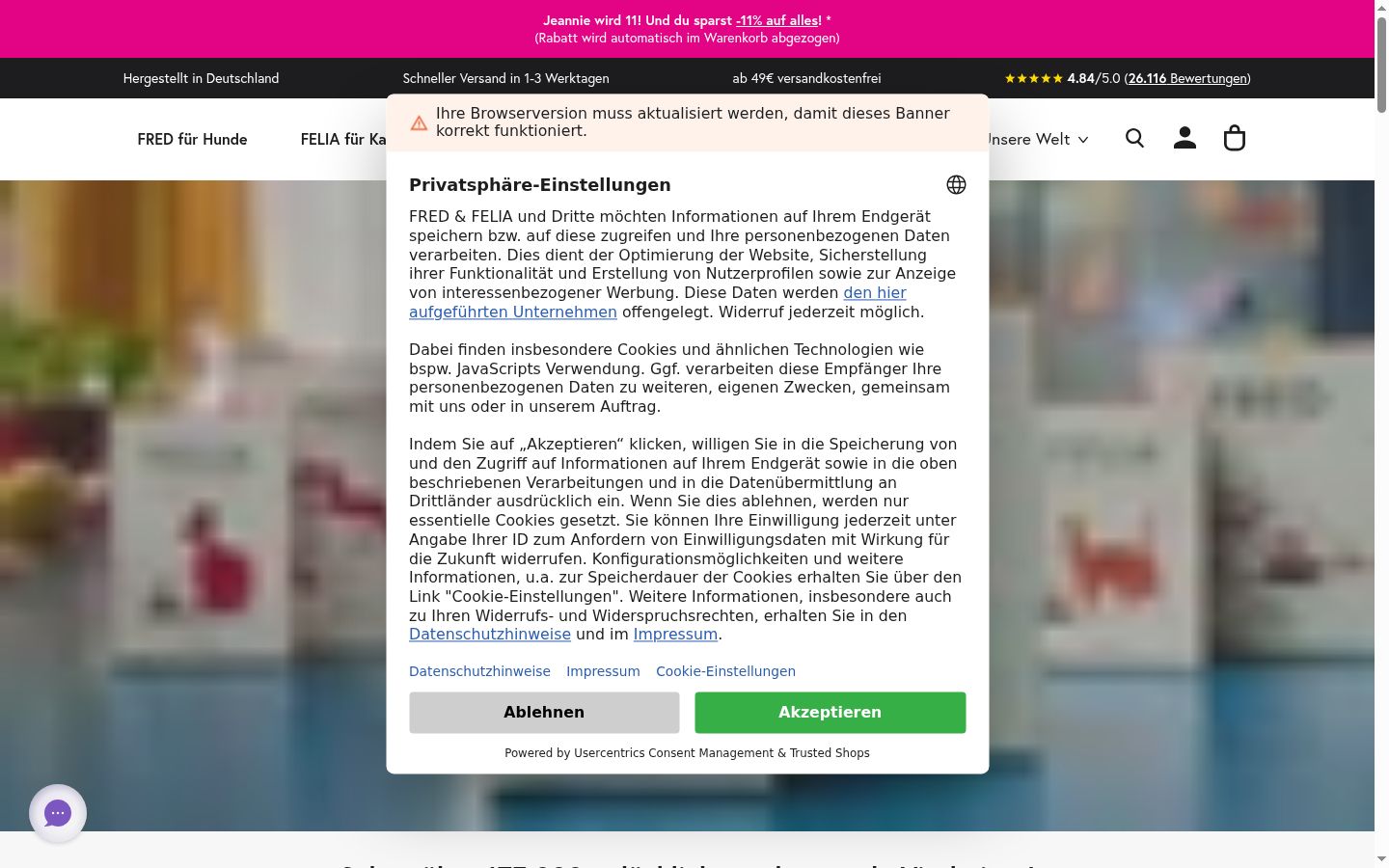 Screenshot des Einwilligungsbanners vor jeglicher Interaktion