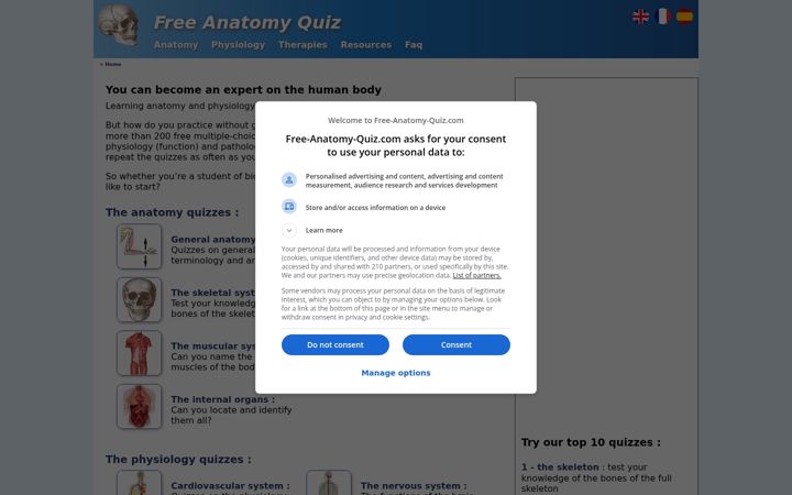 Screenshot of free-anatomy-quiz.com