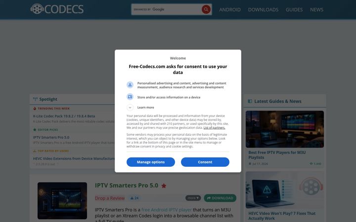 Skjámynd af free-codecs.com
