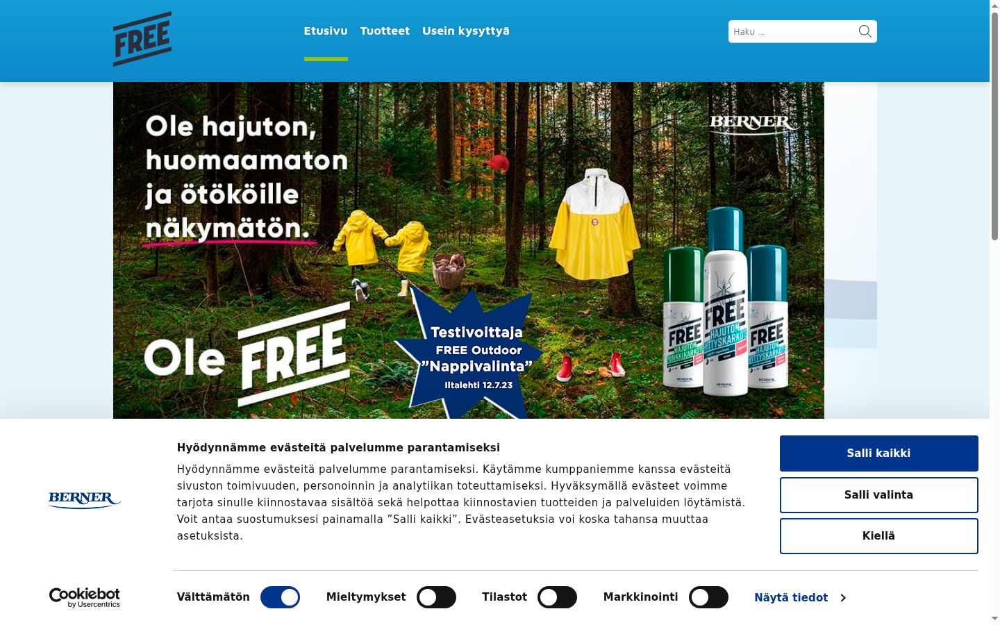Kuvakaappaus suostumusbannerista, joka näytettiin ennen mitään vuorovaikutusta